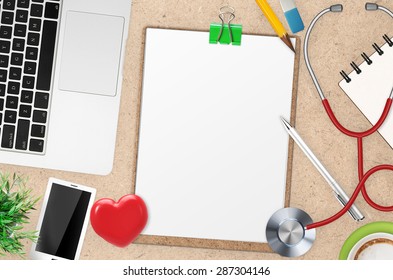 Doctor Office Desk Top View With Blank Clipboard