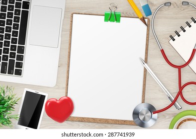 Doctor Office Desk Top View With Blank Clipboard