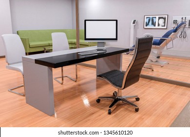 Doctor Office Or Examination Computer Desk Room In A Hospital. Medical Healthcare Background. 3d Illustration