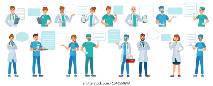 Doctor Opinion. Physician Consultation. Doctors With Clipboard, Empty Speech Bubble For Diagnosis, Medical Opinion Health Service  Set. Medical Practitioners With Equipment As Stethoscope, Kit