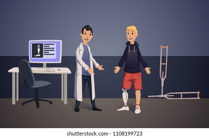 Doctor And Patient With Artificial Leg In Medical Office. Bionic Prosthesis. Illustration. Raster Version.