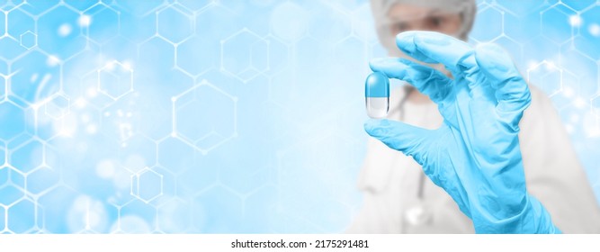 Doctor And Pills.Scientist Holding Drugs.3d Illustration Pill.Medical Personal On Hexagon Blue Background. The Concept Of Hight Technology Medicine, Genetic Research, Gene Therapy, Stem Cell Bank