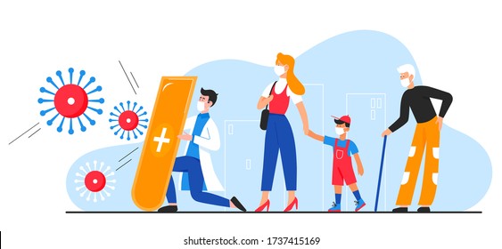 Doctor Protects People From Coronavirus Character Flat  Illustration Concept. Man In Hospital Gown With Shield Cares Woman, Kid And Grandfather, In Medical Masks. Covid 19 Poster, Web Banner