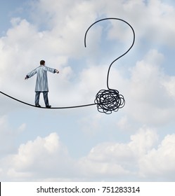 Doctor Questions And Medical Risk Uncertainty As A Medical Professional Or Scientist Walking On A High Wire Shaped As A Question Mark In A 3D Illustration Style.