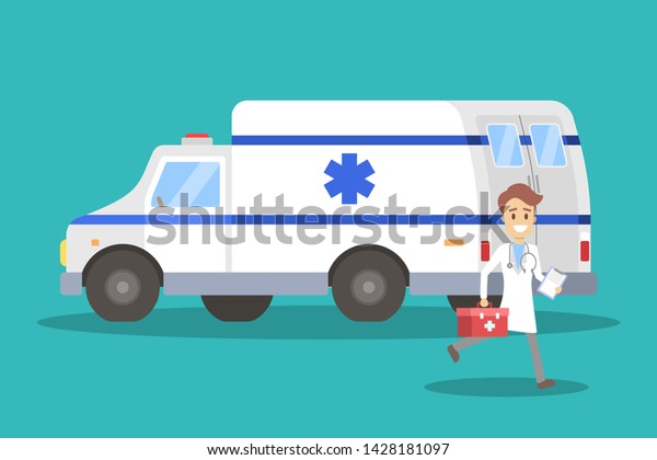 Doctor\
running in front of ambulance car. Emergency vehicle and medical\
professional with first aid kit. flat\
illustration