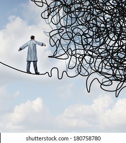 Doctor Stress Medical Concept As A Physician In A Lab Coat Walking On A Tightrope That Becomes Tangled And Confused In Chaos As A Health Care Metaphor For Uncertainty In The Field Of Medicine.