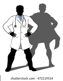 A doctor super hero silhouette conceptual illustration of a doctor standing with his hands on his hips with a shadow revealing him to be a hero or superhero
