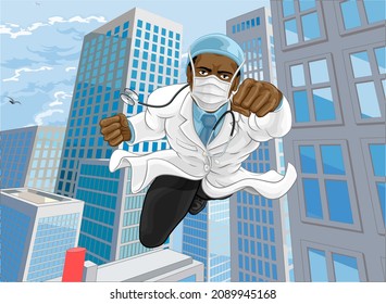 Doctor superhero essential worker flying comic book super hero healthcare professional. Wearing mask PPE - Powered by Shutterstock