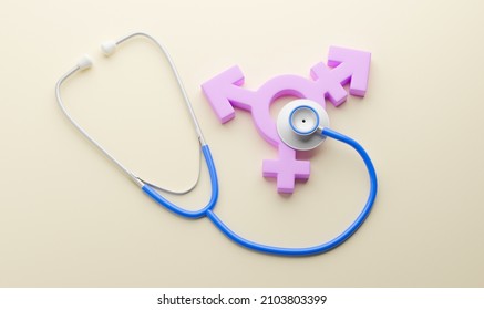 Doctor for transgender. Stethoscope and transgender gender symbol. 3d render.