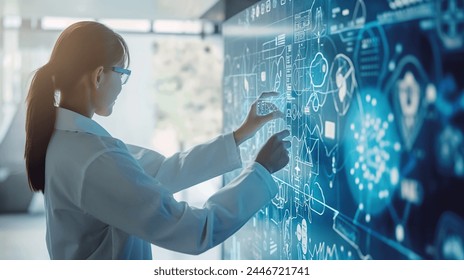 Doctor use robotic and inoperative medical technology for checking the brain. Technology in the future• doctor use AI technology for checking the brain. AI innovation. - Powered by Shutterstock