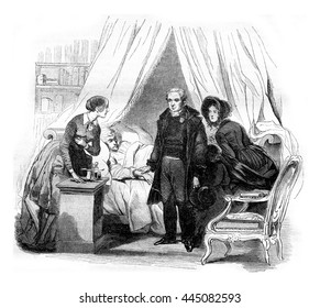 The Doctor Visit, Vintage Engraved Illustration. Magasin Pittoresque 1843.
