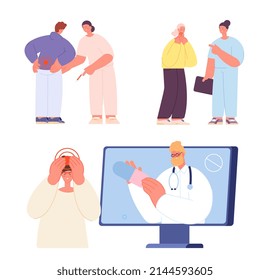 Doctor visiting. People with pain and medical person with painkillers. Telemedicine, family doctors and nurses. Online pills buy, hospital characters - Powered by Shutterstock