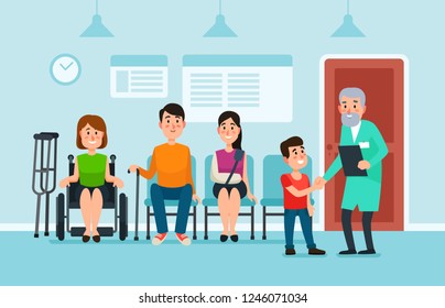 Doctor Waiting Room. Patients Wait Doctors And Medical Help Seat On Chairs In Hospital. Patient Man And Woman At Busy Health Clinic Hall Reception Wait For Doc Cartoon Colorful  Illustration