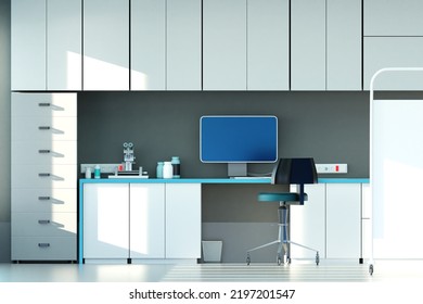 Doctors Desk. Interior Of Modern Doctors Office. Computer And Microscope On Medical Workers Desk. Equipment For Study Of Patient Tests. Hospital Interior. Doctors Workplace. 3d Rendering.