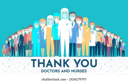 Doctors Up Front In The Fight Against Coronavirus. Protecting People Behind The Back Of Medical Staff. Thank You Doctors And Nurses Working In The Hospitals And Fighting The Coronavirus. Inscription.