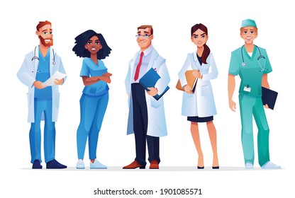 Doctors And Nurses Healthcare Workers Team Isolated Medical Staff. Males And Females In Blue Scrubs And White Coats, With Stethoscopes And Folders. Group Of Professional Practitioners, Surgeons