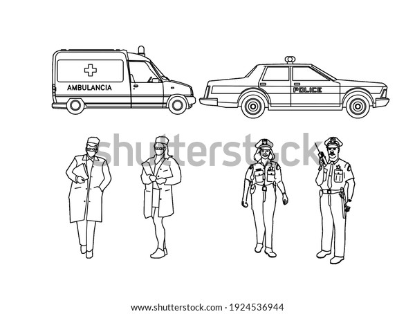 Doctors and\
police. Ambulance car and police\
car.