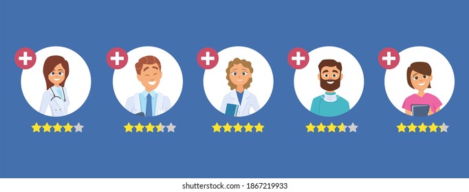 Doctors Rating. Five Star Rating Concept. Search Good Doctor. Medical Staff Reviews Illustration