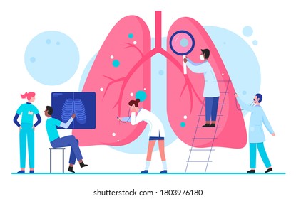 Doctors scientists people in laboratory researches lungs organ healthcare medical concept flat illustration. Pulmonology, determine diagnosis, disease treatment. Internal organ inspection - Powered by Shutterstock