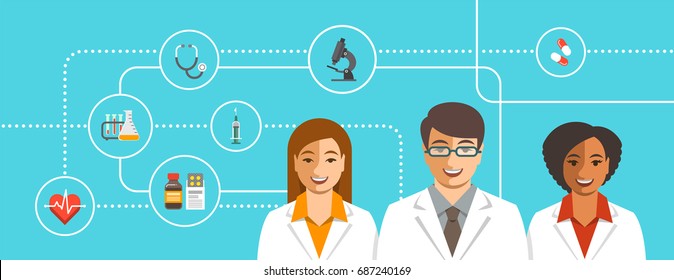 Doctors team with medical icons. Health care flat background. Professional hospital services concept. Medical staff smiling faces. Young man therapist with female physicians - Powered by Shutterstock