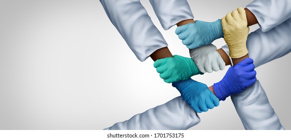 Doctors working together and medical teamwork and health workers unity and global healthcare partnership as a group of diverse medics connected together in a 3D illustration style.