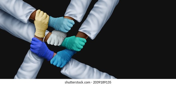 Doctors Working Together And Medical Teamwork And Health Workers Unity And Global Healthcare Partnership As A Group Of Diverse Medics Connected On A Black Background In A 3D Illustration Style.