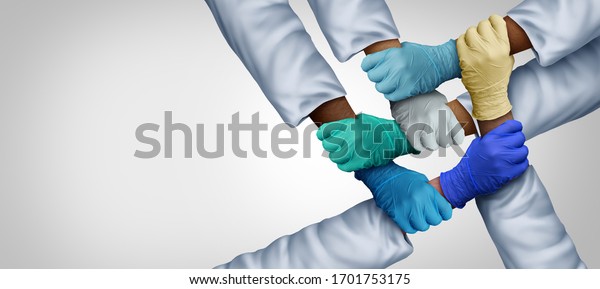 Doctors working together and medical teamwork and health workers unity and global healthcare partnership as a group of diverse medics connected together in a 3D hospital wallpaper mural illustration. .