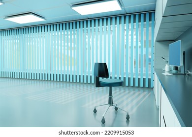 Doctors Workplace. Doctors Desk With Computer And Microscope. Spacious Office Of Family Doctor. Rooms With Large Windows And Blinds. Concept Of Sale Of Medical Furniture. Medical Chair. 3d Rendering