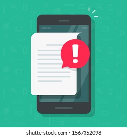 Document Alert Or Error Notification Bubble On Mobile Phone Or Cellphone, Flat Cartoon Paper Text File Content With Exclamation Message Or Comment Symbol, Caution Or Warning Attention Isolated Image