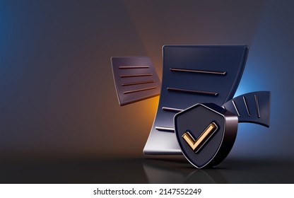 Document Check Mark Icon With Security Shield On Dark Background 3d Render Concept For Information