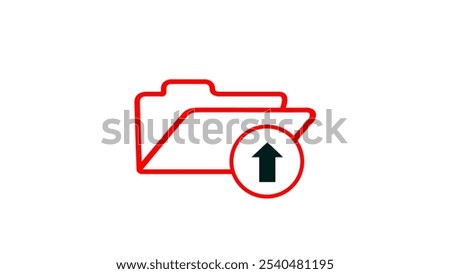 Document file upload or transfer process with arrow icon. Simple upload red folder icon on white background