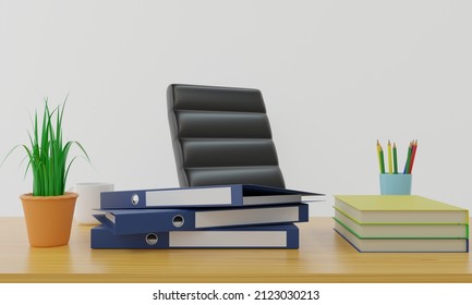 Document Folder With Coffee Cup And Vase On The Wooden Table In Office.3d Rendering.