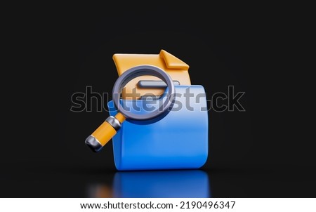 document folder with magnify glass sign on dark background 3d render concept for research 