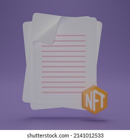 Document Icon With Nft Sign For Graphic And Web Design. White Paper Icon, Document Icon Isolate On Purple Background. 3d Rendering Illustration.