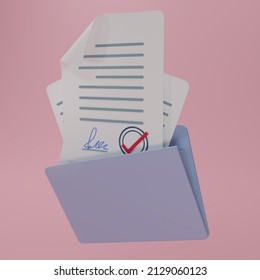 Document Icon With Signature, Texts In Folder For Graphic And Web Design.  Paper Document Icon. Contract Idea. Confirmed Or Approved Document. Stack Of Agreements Document. 3d Rendering Illustration.