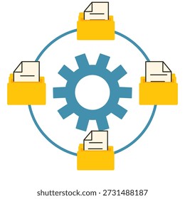 Document management system concept with gear icon and multiple folder for organized digital files.