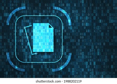 Document Management System (DMS) and files storage illustration with binary code data. Technology to handle digital information in corporation or on internet across several users.