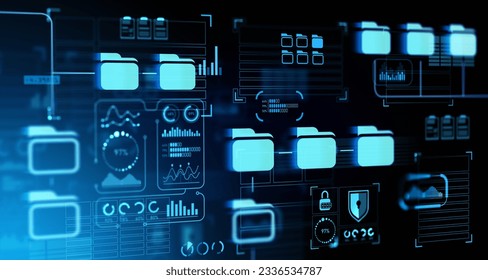 Document management system with files managing, digital dashboard with statistics and data protection. Concept of online database, digital information and research. 3D rendering illustration