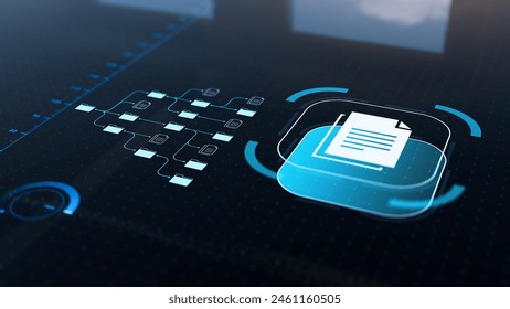 Document management system utilizing AI for automated processes, enhancing workflow productivity and organization. Futuristic holographic UI. Digital transformation.