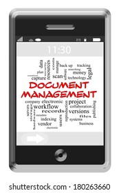 Document Management Word Cloud Concept of Touchscreen Phone with great terms such as scan, data, indexing and more.