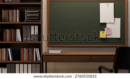 Document paper and sticky note pinning on bulletin board over wooden table aside bookshelf in office. Interior Mockup, 3D Rendering, 3D Illustration.