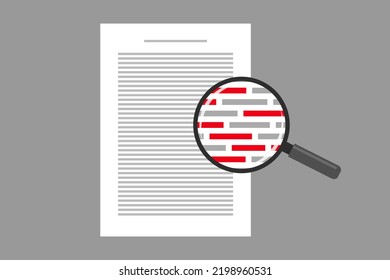 Document And Red Markings Seen Through Magnifying Glass. Concept Of Grammar And Spelling Check Of Text, Misspellings Detection And Correction, Proofreading, Spell Checker Software