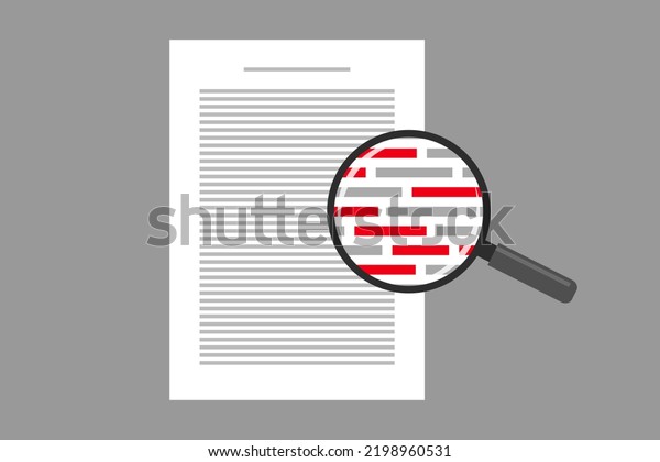 Document and red\
markings seen through magnifying glass. Concept of grammar and\
spelling check of text, misspellings detection and correction,\
proofreading, spell checker\
software
