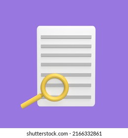 Document Search 3d Icon Model Cartoon Style. Render Illustration