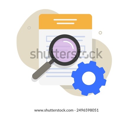 Document sheet performance review icon graphic illustration flat cartoon, doc form file check audit with cog wheel gear symbol, settings cogwheel search image clip art