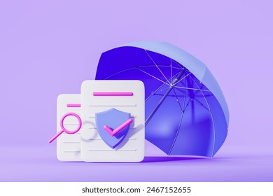 Document with shield and check mark and large umbrella. Concept of health insurance, document security, data protection, finance and medical service. 3D rendering illustration - Powered by Shutterstock - Get 15% off with code: PIKWIZARD15