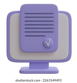 Document validate on computer desktop screen. Cartoon minimal icon isolated on white background, 3d render.