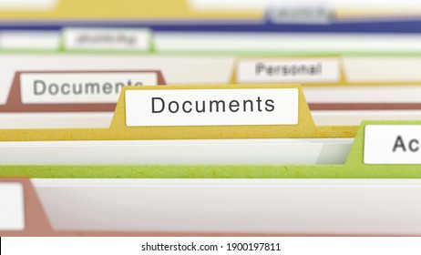 Documents word on a folder in a file cabinet. Concept of search for financial documents. 3D rendering