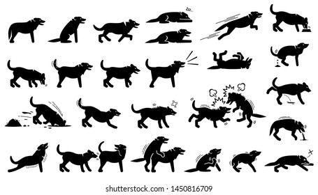 Dog actions, reactions, postures, and body languages. Illustrations depict dog standing, walking, running, jumping, eating, barking, and digging hole. It also depict dog sniffing and mating. 