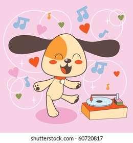 Dog Actively Dancing The Music Emitted By A Phonograph Disc Player. Raster Version Of Vector Illustration ID: 57567526